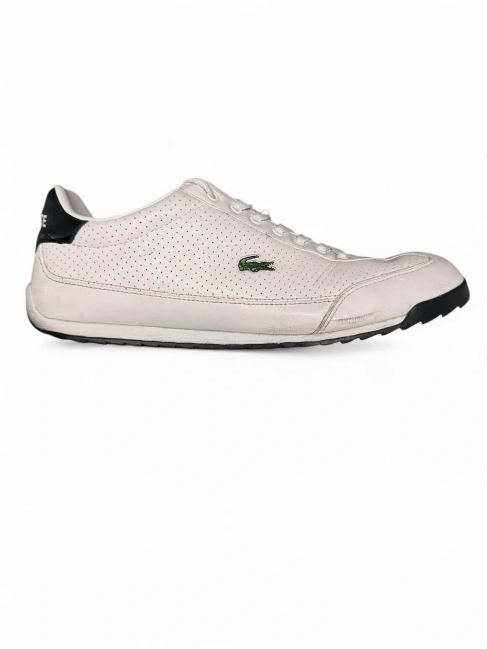 Lacoste Men’s White Leather Perforated Sneaker with Black Heel Men’s 12